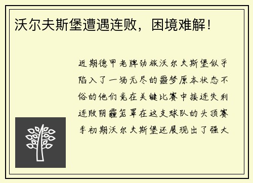 沃尔夫斯堡遭遇连败，困境难解！